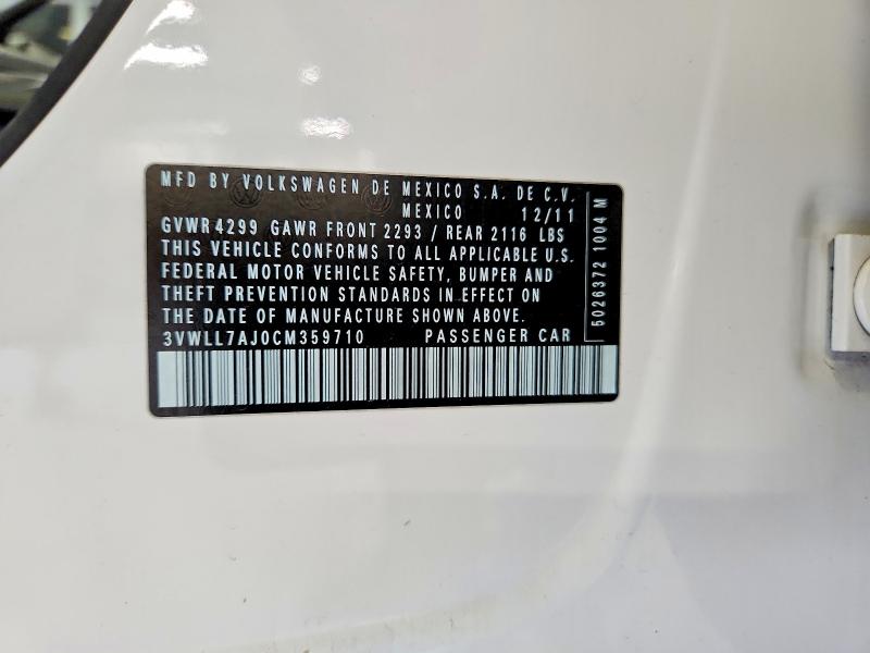 Aukcja sprzedaży 2012 Volkswagen Jetta, vin: 3VWLL7AJ0CM359710, numer aukcji: 70332166
