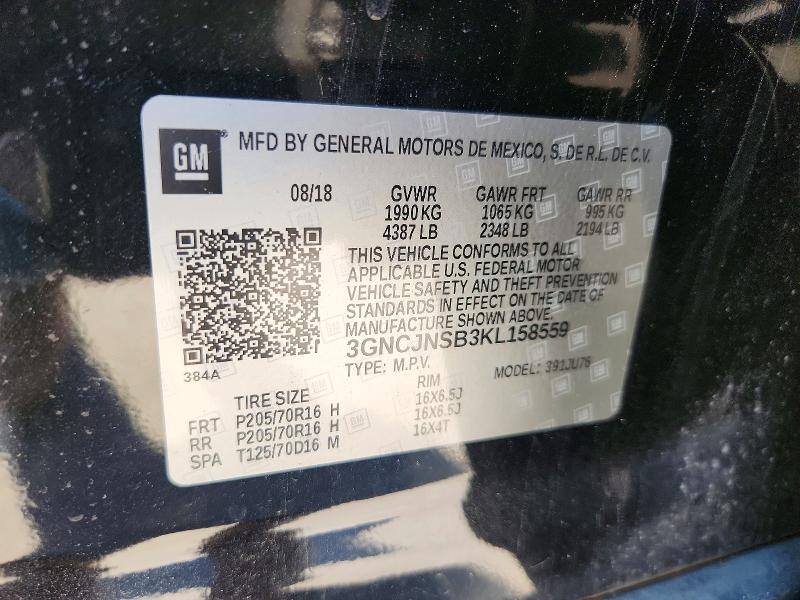 2019 Chevrolet Trax მანქანა იყიდება აუქციონზე, vin: 3GNCJNSB3KL158559, აუქციონის ნომერი: 67902346