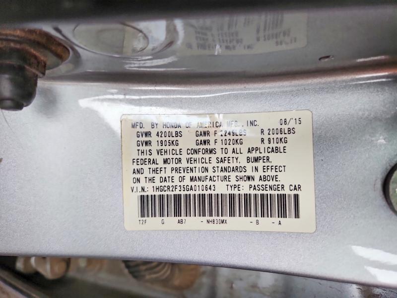 Продажа на аукционе авто 2016 Honda Accord, vin: 1HGCR2F35GA010643, номер лота: 70610176