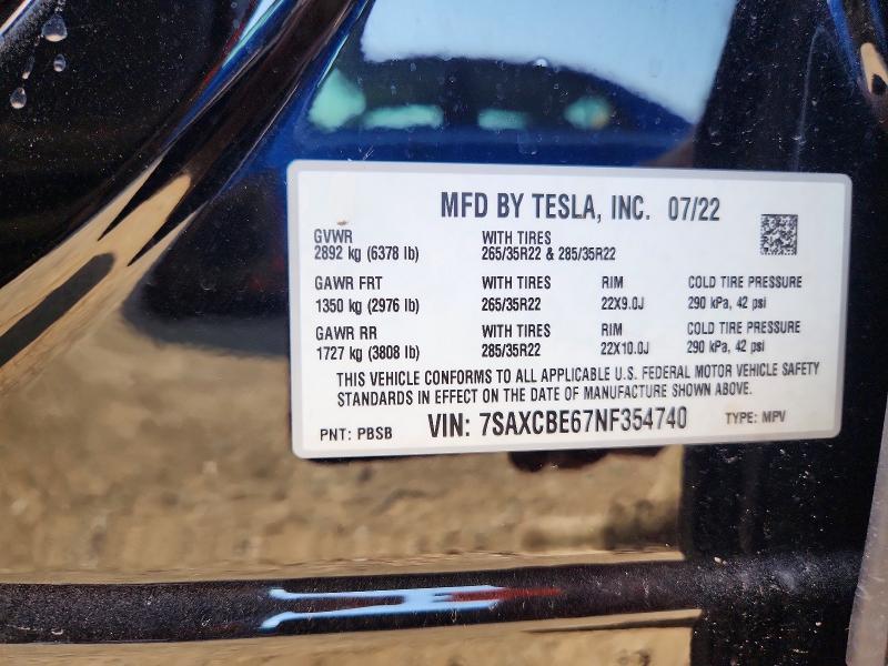 2022 Tesla Model X მანქანა იყიდება აუქციონზე, vin: 7SAXCBE67NF354740, აუქციონის ნომერი: 66450246