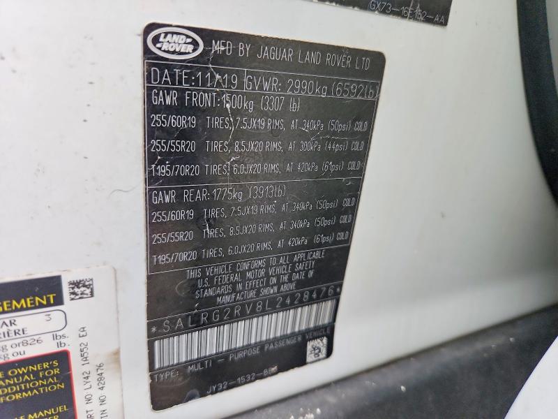 2020 Land Rover Discovery მანქანა იყიდება აუქციონზე, vin: SALRG2RV8L2428476, აუქციონის ნომერი: 69646696