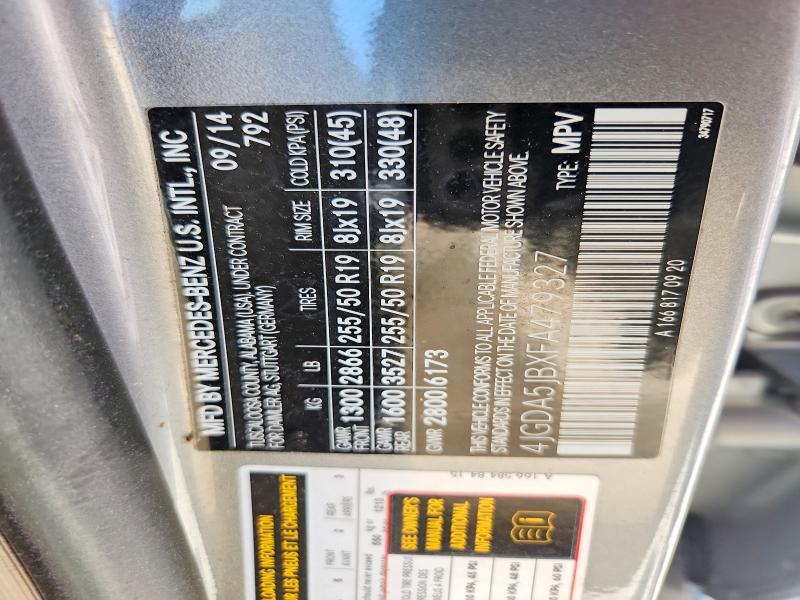 Auction sale of the 2015 Mercedes-benz Ml, vin: 4JGDA5JBXFA479327, lot number: 64798036