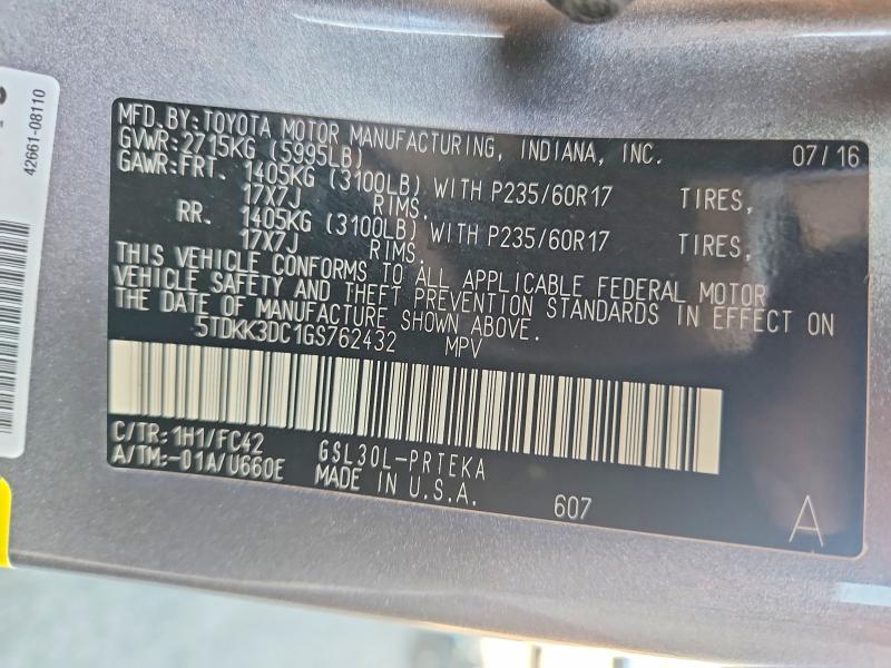 70152986 :رقم المزاد ، 5TDKK3DC1GS762432 vin ، 2016 Toyota Sienna مزاد بيع