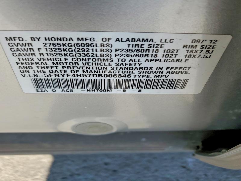 Продажа на аукционе авто 2013 Honda Pilot, vin: 5FNYF4H57DB006846, номер лота: 69613376