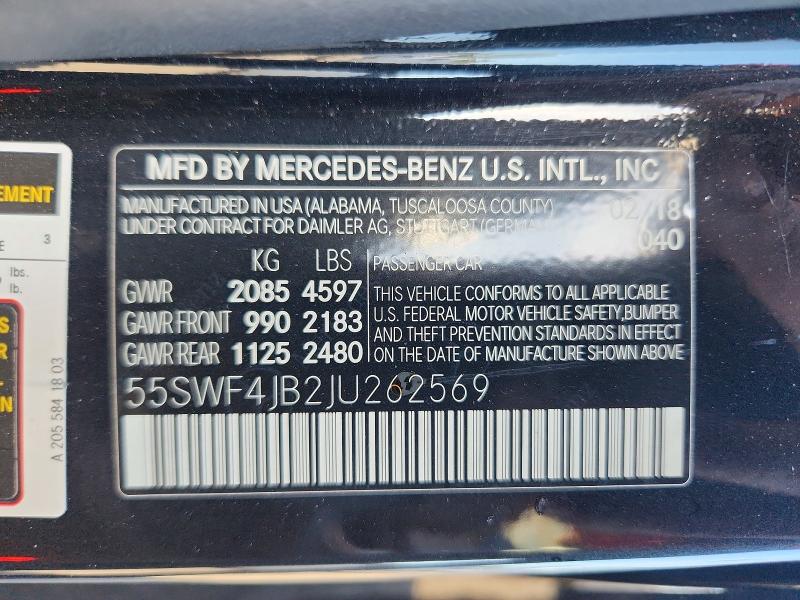 2018 Mercedes-benz C მანქანა იყიდება აუქციონზე, vin: 55SWF4JB2JU262569, აუქციონის ნომერი: 69450306