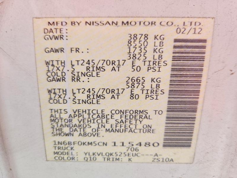 2012 Nissan Nv 2500 მანქანა იყიდება აუქციონზე, vin: 1N6BF0KM5CN115480, აუქციონის ნომერი: 70074386