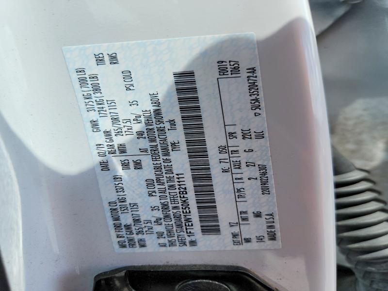 2019 Ford F150 მანქანა იყიდება აუქციონზე, vin: 1FTEW1E50KFB21111, აუქციონის ნომერი: 67102646