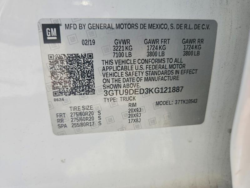 Aukcja sprzedaży 2019 Gmc Sierra, vin: 3GTU9DED3KG121887, numer aukcji: 67872176