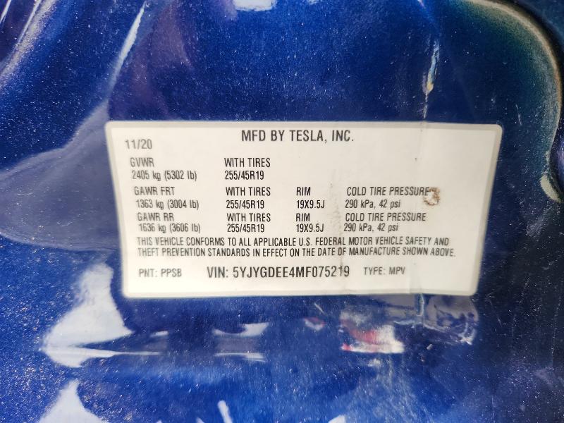 2021 Tesla Model Y მანქანა იყიდება აუქციონზე, vin: 5YJYGDEE4MF075219, აუქციონის ნომერი: 70255286