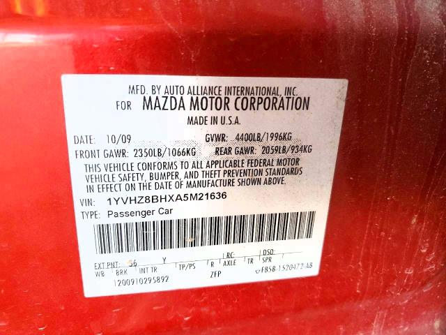 2010 Mazda 6 მანქანა იყიდება აუქციონზე, vin: 1YVHZ8BHXA5M21636, აუქციონის ნომერი: 68875676