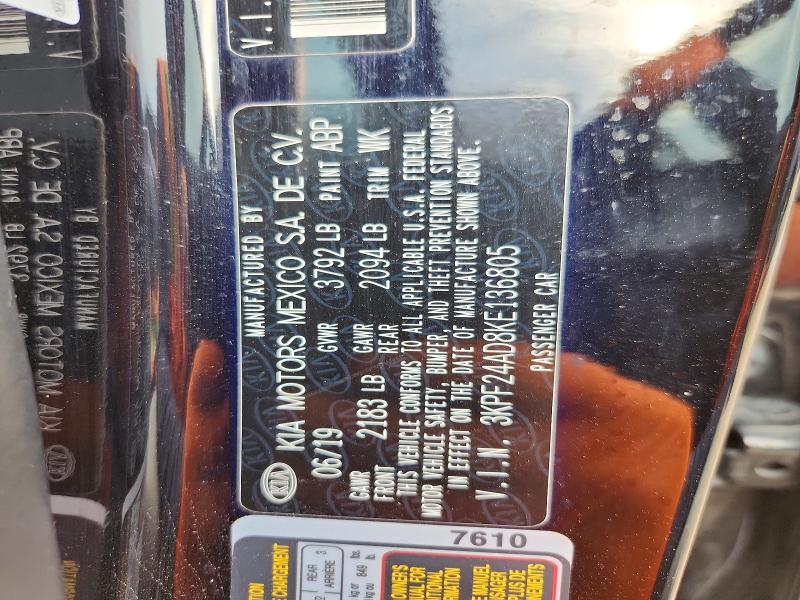 2019 Kia Forte მანქანა იყიდება აუქციონზე, vin: 3KPF24AD8KE136805, აუქციონის ნომერი: 67801726