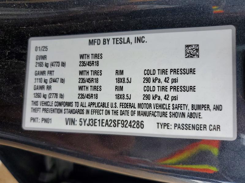 Продажа на аукционе авто 2025 Tesla Model 3, vin: 5YJ3E1EA2SF924286, номер лота: 67848776