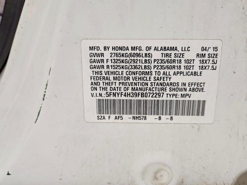 2015 Honda Pilot მანქანა იყიდება აუქციონზე, vin: 5FNYF4H39FB072297, აუქციონის ნომერი: 69860946