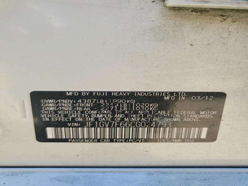2012 Subaru Impreza მანქანა იყიდება აუქციონზე, vin: JF1GV7F66CG024793, აუქციონის ნომერი: 67380166