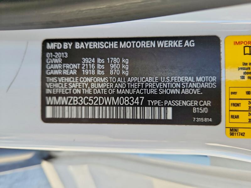 2013 Mini Cooper მანქანა იყიდება აუქციონზე, vin: WMWZB3C52DWM08347, აუქციონის ნომერი: 67833696