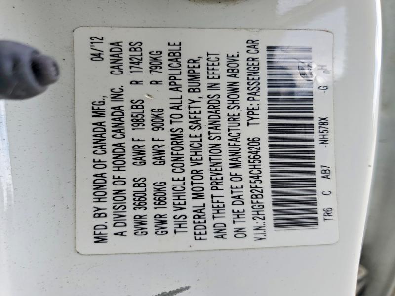Aukcja sprzedaży 2012 Honda Civic, vin: 2HGFB2F54CH564206, numer aukcji: 68199486