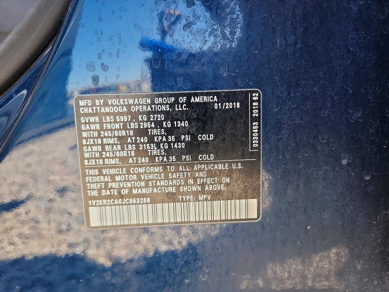 68999766 :رقم المزاد ، 1V2KR2CA0JC553258 vin ، 2018 Volkswagen Atlas مزاد بيع