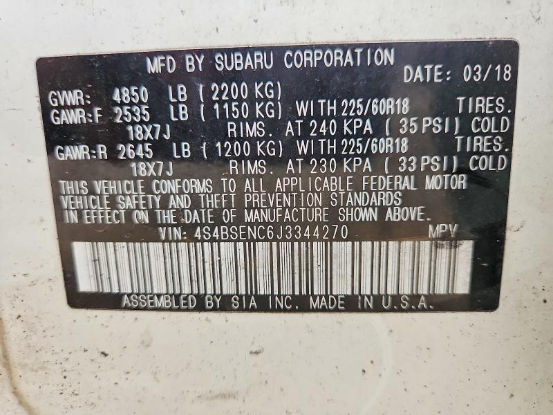 70891476 :رقم المزاد ، 4S4BSENC6J3344270 vin ، 2018 Subaru Outback مزاد بيع