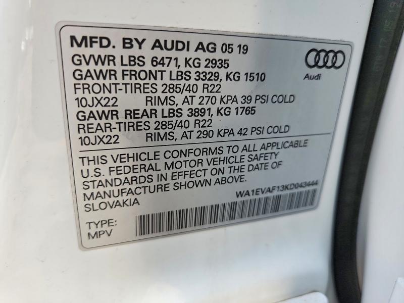 Продажа на аукционе авто 2019 Audi Q8, vin: WA1EVAF13KD043444, номер лота: 67279446