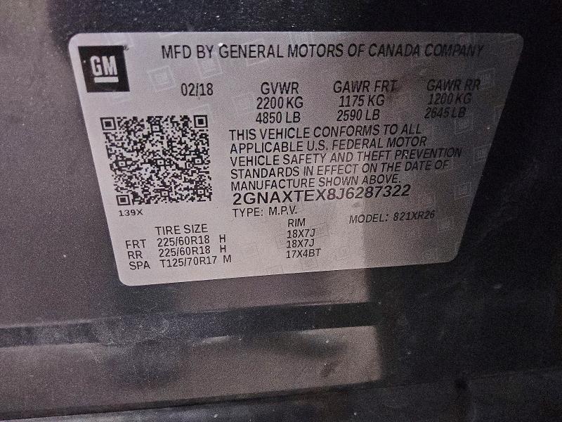 2018 Chevrolet Equinox მანქანა იყიდება აუქციონზე, vin: 2GNAXTEX8J6287322, აუქციონის ნომერი: 66787346