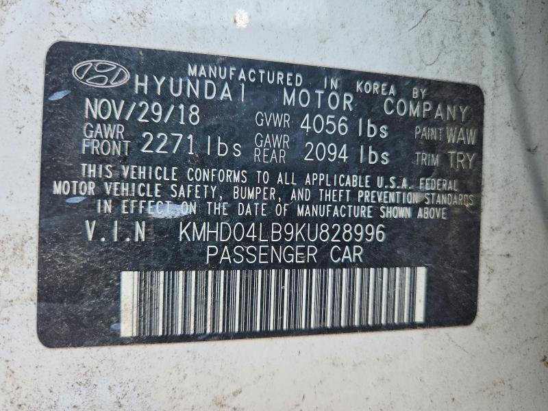 2019 Hyundai Elantra მანქანა იყიდება აუქციონზე, vin: KMHD04LB9KU828996, აუქციონის ნომერი: 67170506
