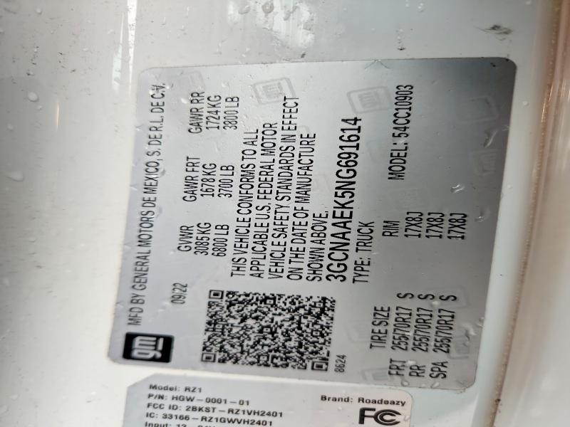 Aukcja sprzedaży 2022 Chevrolet Silverado, vin: 3GCNAAEK5NG691614, numer aukcji: 68398356