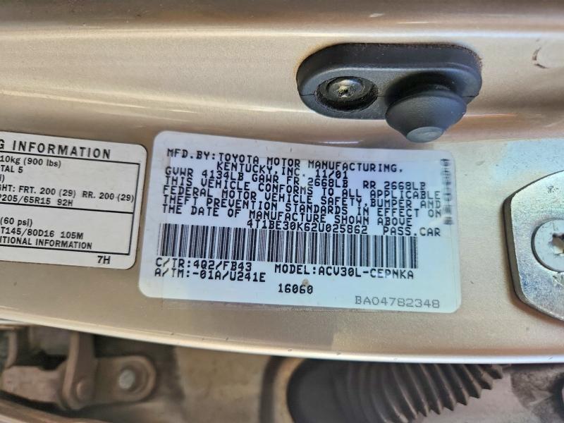 2002 Toyota Camry მანქანა იყიდება აუქციონზე, vin: 4T1BE30K62U025862, აუქციონის ნომერი: 70842666