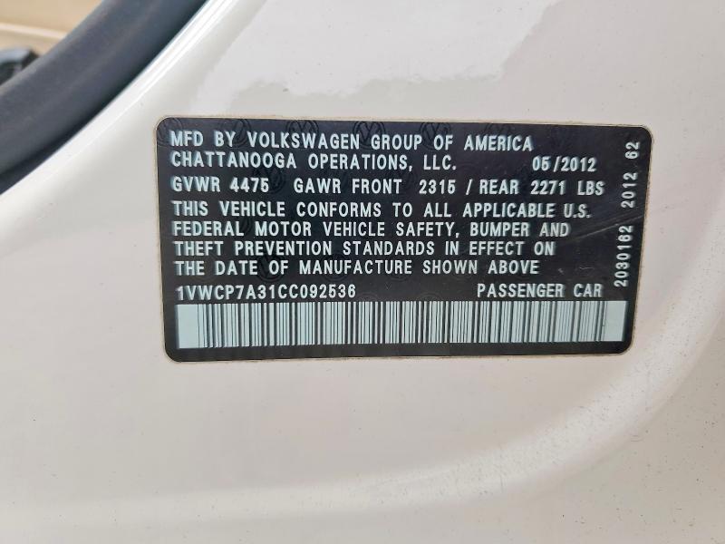 Aukcja sprzedaży 2012 Volkswagen Passat, vin: 1VWCP7A31CC092536, numer aukcji: 69781216