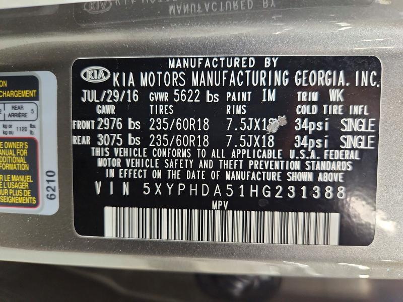 68605166 :رقم المزاد ، 5XYPHDA51HG231388 vin ، 2017 Kia Sorento مزاد بيع