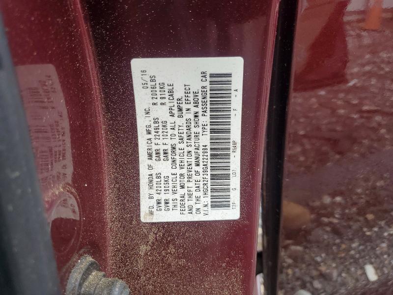 Auction sale of the 2016 Honda Accord, vin: 1HGCR2F39GA222994, lot number: 70011366