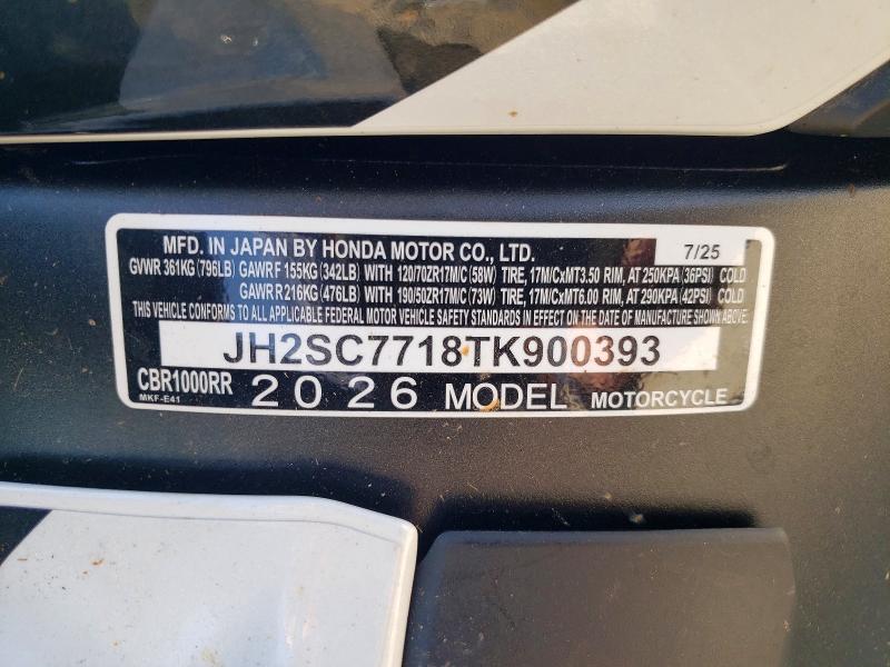 Aukcja sprzedaży 2026 Honda Cbr1000, vin: JH2SC7718TK900393, numer aukcji: 67422736