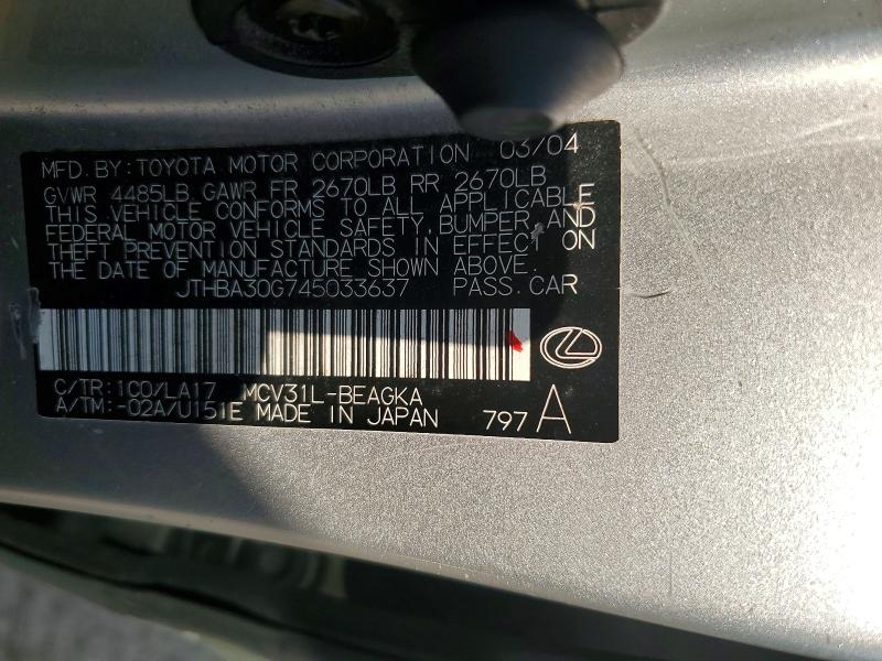 2004 Lexus Es მანქანა იყიდება აუქციონზე, vin: JTHBA30G745033637, აუქციონის ნომერი: 67658706