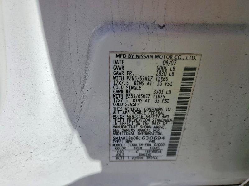 2008 Nissan Pathfinder მანქანა იყიდება აუქციონზე, vin: 5N1AR18U08C630694, აუქციონის ნომერი: 68158526