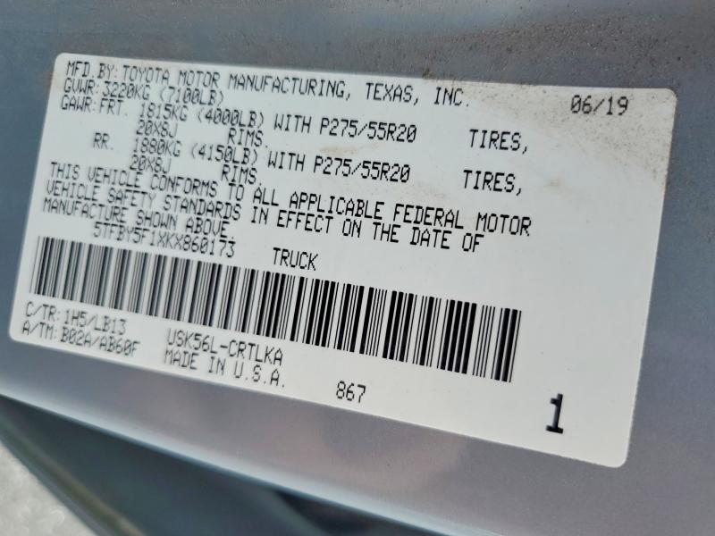 2019 Toyota Tundra მანქანა იყიდება აუქციონზე, vin: 5TFBY5F1XKX860173, აუქციონის ნომერი: 68923896