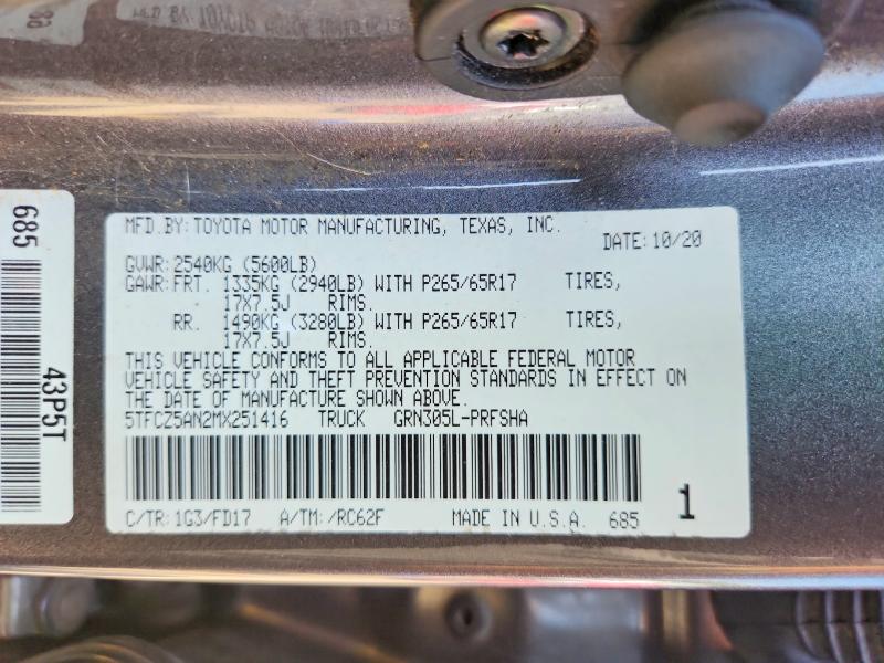 Продажа на аукционе авто 2021 Toyota Tacoma, vin: 5TFCZ5AN2MX251416, номер лота: 68141116
