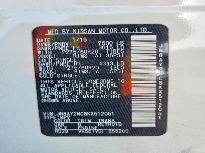 68694506 :رقم المزاد ، JN8AY2NC8KX512051 vin ، 2019 Nissan Armada مزاد بيع