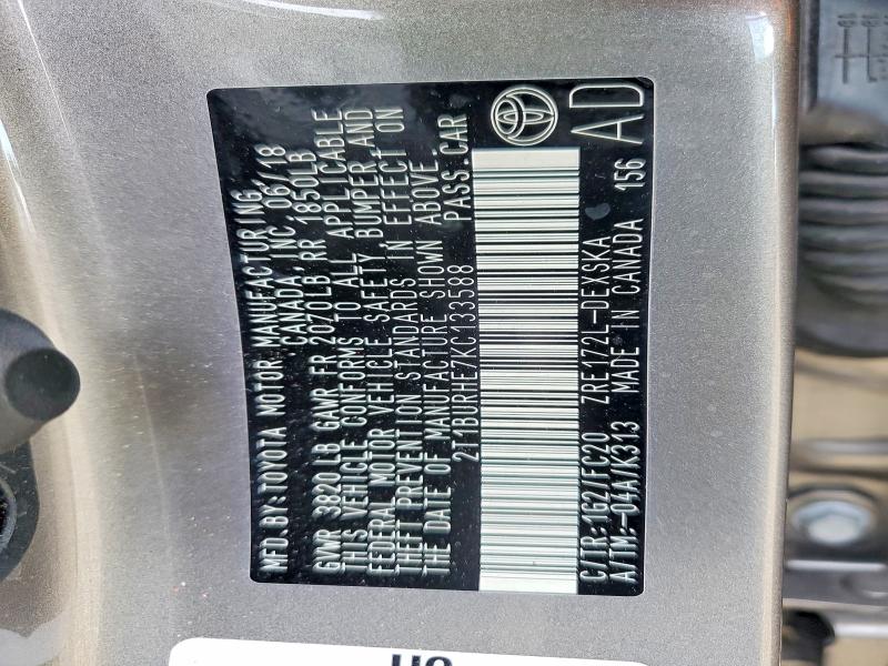 Продаж на аукціоні авто 2019 Toyota Corolla, vin: 2T1BURHE7KC133588, номер лоту: 69557286