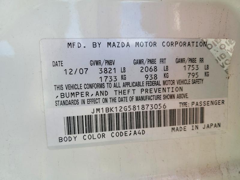 2008 Mazda 3 მანქანა იყიდება აუქციონზე, vin: JM1BK12G581873056, აუქციონის ნომერი: 69841576