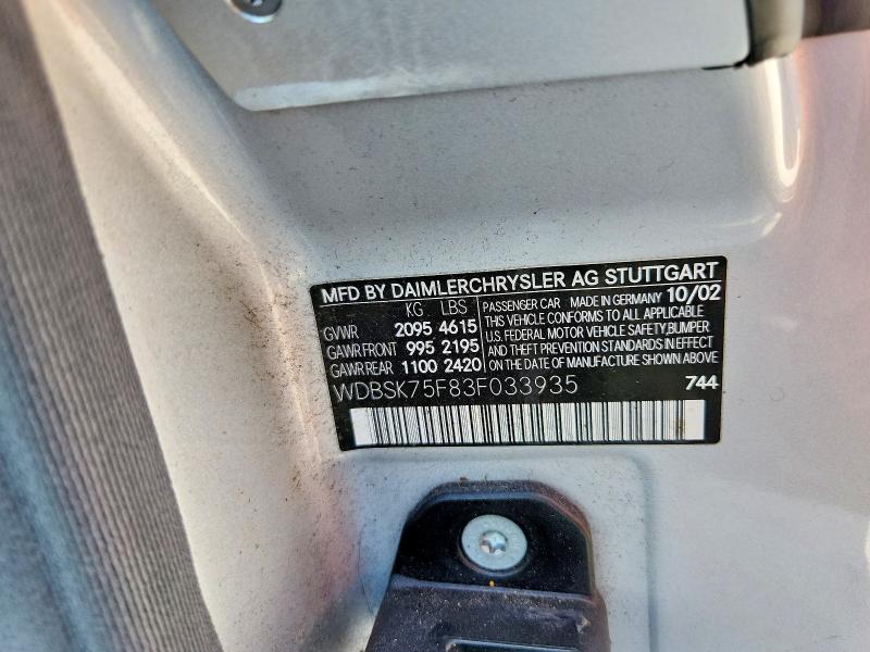 Aukcja sprzedaży 2003 Mercedes-benz Sl, vin: WDBSK75F83F033935, numer aukcji: 66825316