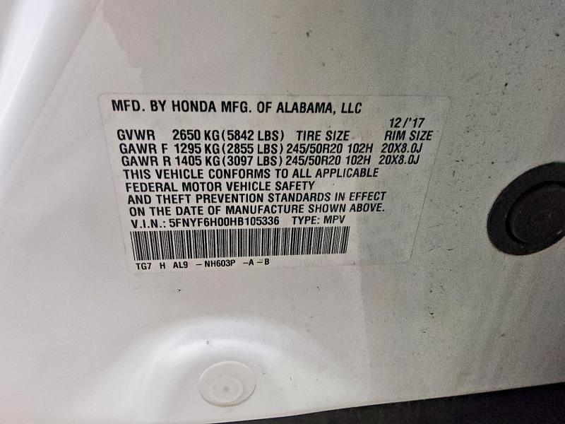 Aukcja sprzedaży 2017 Honda Pilot, vin: 5FNYF6H00HB105336, numer aukcji: 69632216