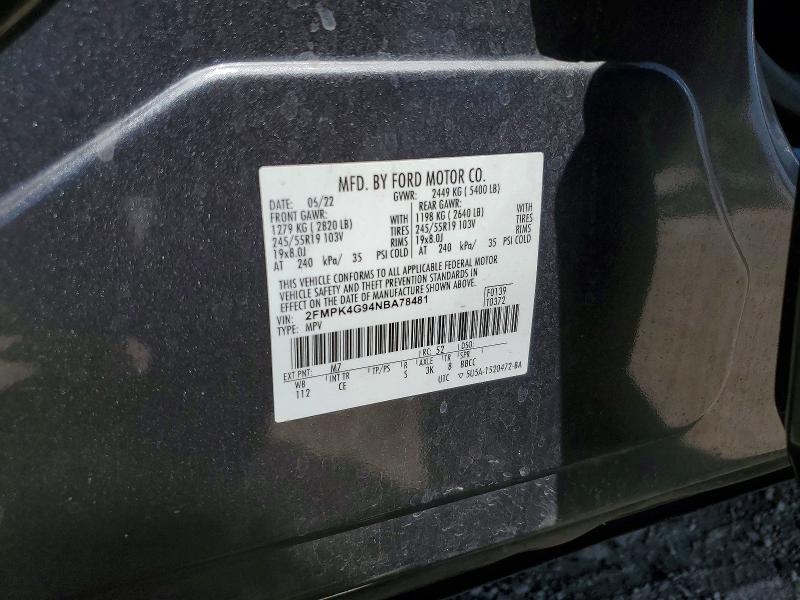 67288206 :رقم المزاد ، 2FMPK4G94NBA78481 vin ، 2022 Ford Edge مزاد بيع