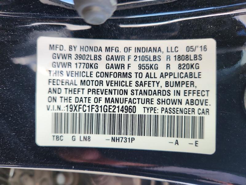 Aukcja sprzedaży 2016 Honda Civic, vin: 19XFC1F31GE214960, numer aukcji: 67861936