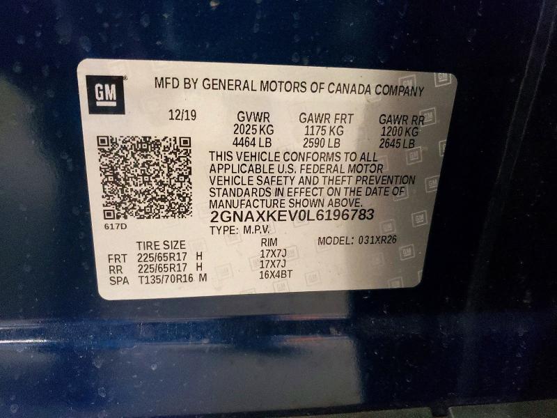 68389526 :رقم المزاد ، 2GNAXKEV0L6196783 vin ، 2020 Chevrolet Equinox مزاد بيع
