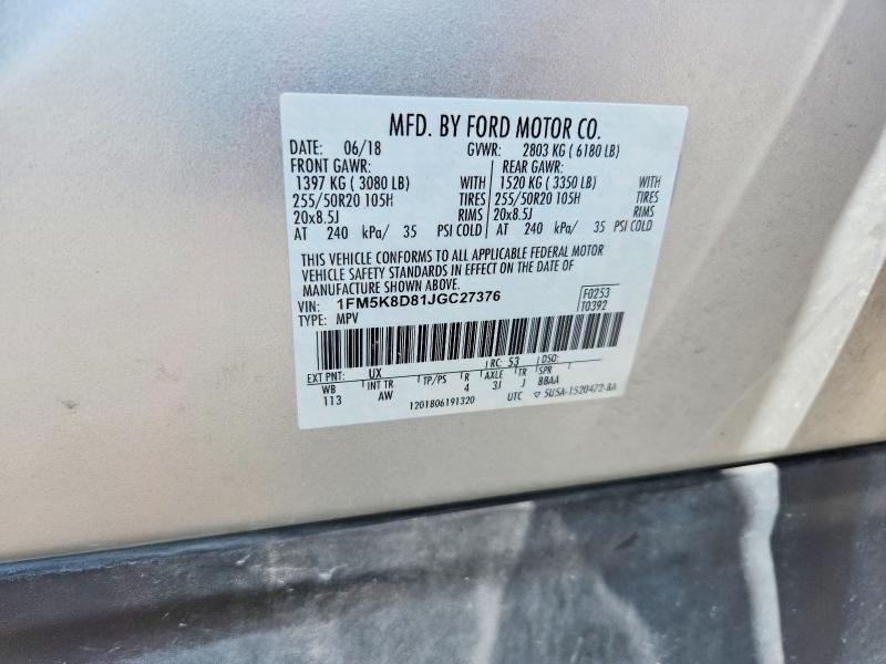 Продаж на аукціоні авто 2018 Ford Explorer, vin: 1FM5K8D81JGC27376, номер лоту: 68097796