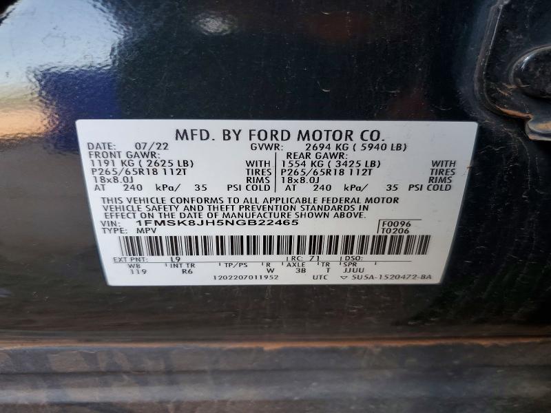 2022 Ford Explorer მანქანა იყიდება აუქციონზე, vin: 1FMSK8JH5NGB22465, აუქციონის ნომერი: 68226966