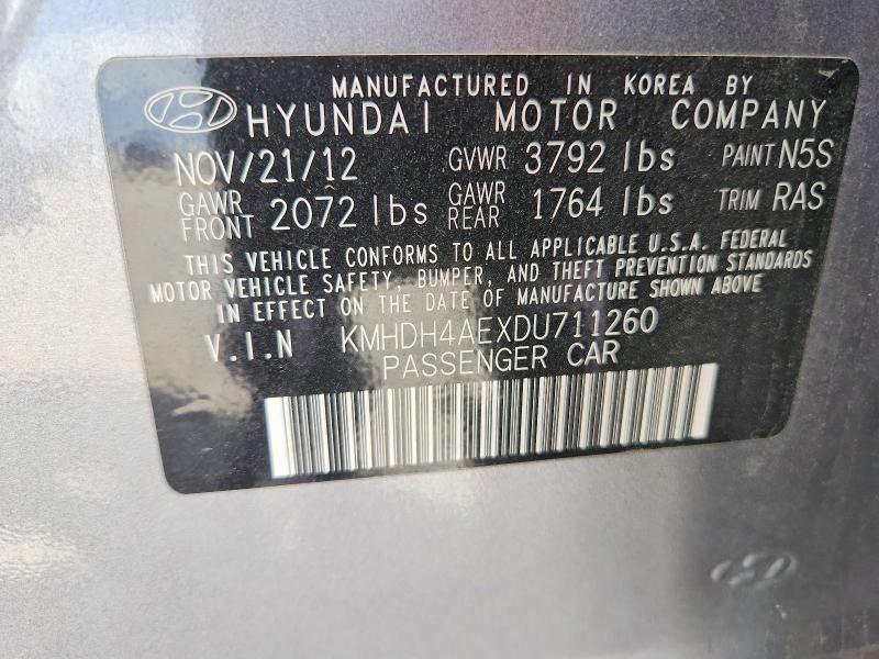 2013 Hyundai Elantra მანქანა იყიდება აუქციონზე, vin: KMHDH4AEXDU711260, აუქციონის ნომერი: 69608556