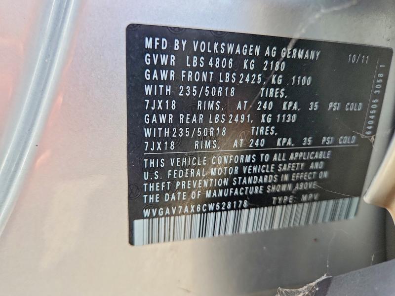 Продаж на аукціоні авто 2012 Volkswagen Tiguan, vin: WVGAV7AX6CW528178, номер лоту: 66998956