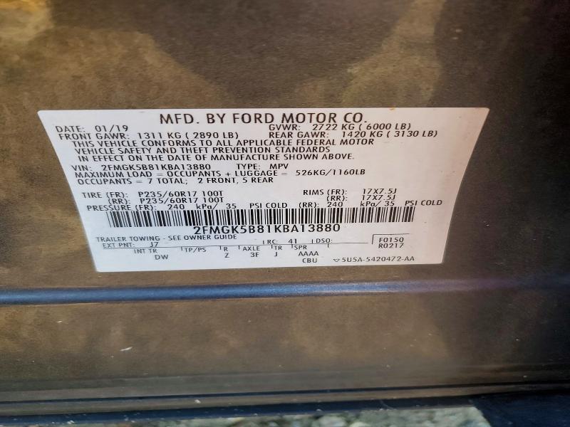 67423676 :رقم المزاد ، 2FMGK5B81KBA13880 vin ، 2019 Ford Flex مزاد بيع