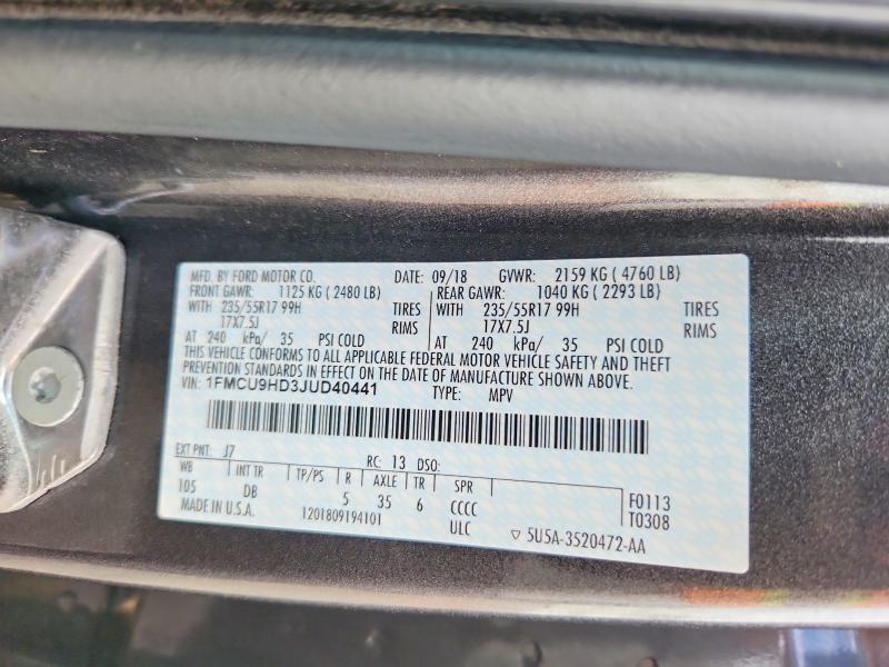2018 Ford Escape მანქანა იყიდება აუქციონზე, vin: 1FMCU9HD3JUD40441, აუქციონის ნომერი: 70873586