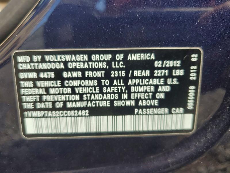 69454296 :رقم المزاد ، 1VWBP7A32CC052462 vin ، 2012 Volkswagen Passat مزاد بيع